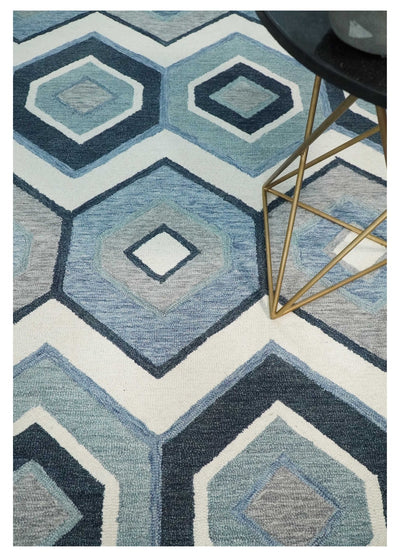 Custom Hand Tufted Ivory, Blue and charcoal Geometrical Pattern wool Area Rug - The Rug Decor