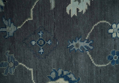 Custom Made 11x16.6 Antique Hand Knotted Oushak Charcoal and Blue Traditional Area Rug - The Rug Decor