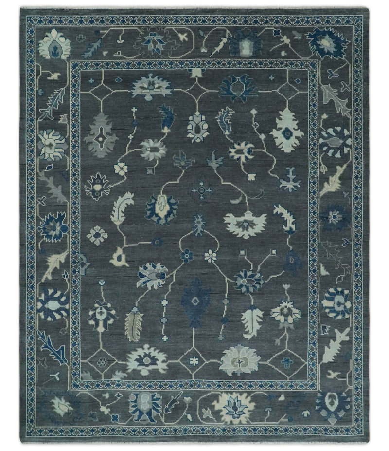 Custom Made 11x16.6 Antique Hand Knotted Oushak Charcoal and Blue Traditional Area Rug - The Rug Decor