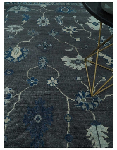 Custom Made 11x16.6 Antique Hand Knotted Oushak Charcoal and Blue Traditional Area Rug - The Rug Decor