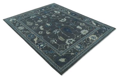 Custom Made 11x16.6 Antique Hand Knotted Oushak Charcoal and Blue Traditional Area Rug - The Rug Decor