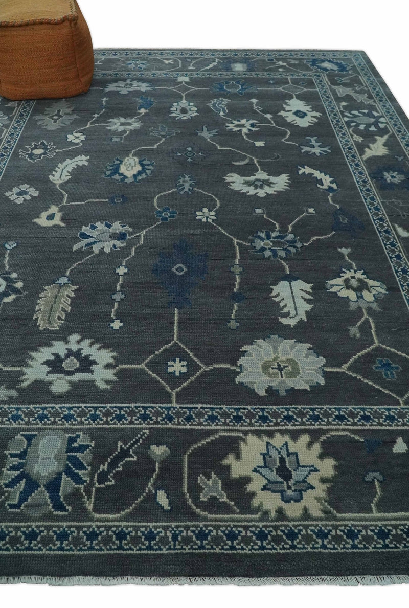 Custom Made 11x16.6 Antique Hand Knotted Oushak Charcoal and Blue Traditional Area Rug - The Rug Decor