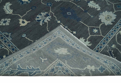Custom Made 11x16.6 Antique Hand Knotted Oushak Charcoal and Blue Traditional Area Rug - The Rug Decor