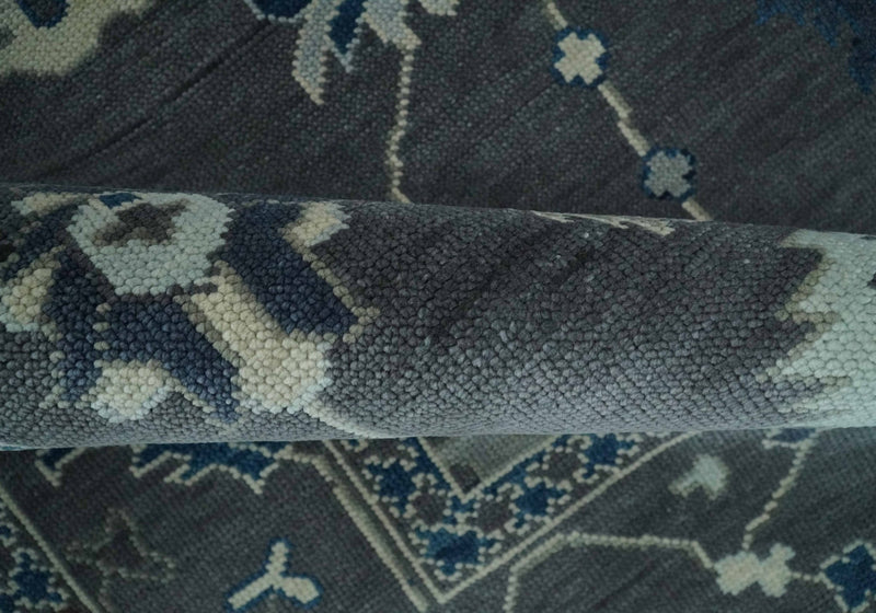 Custom Made 11x16.6 Antique Hand Knotted Oushak Charcoal and Blue Traditional Area Rug - The Rug Decor