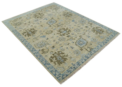 Custom Made Antique Style Beige and Blue Hand knotted Oushak wool Area Rug - The Rug Decor