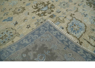 Custom Made Antique Style Beige and Blue Hand knotted Oushak wool Area Rug - The Rug Decor