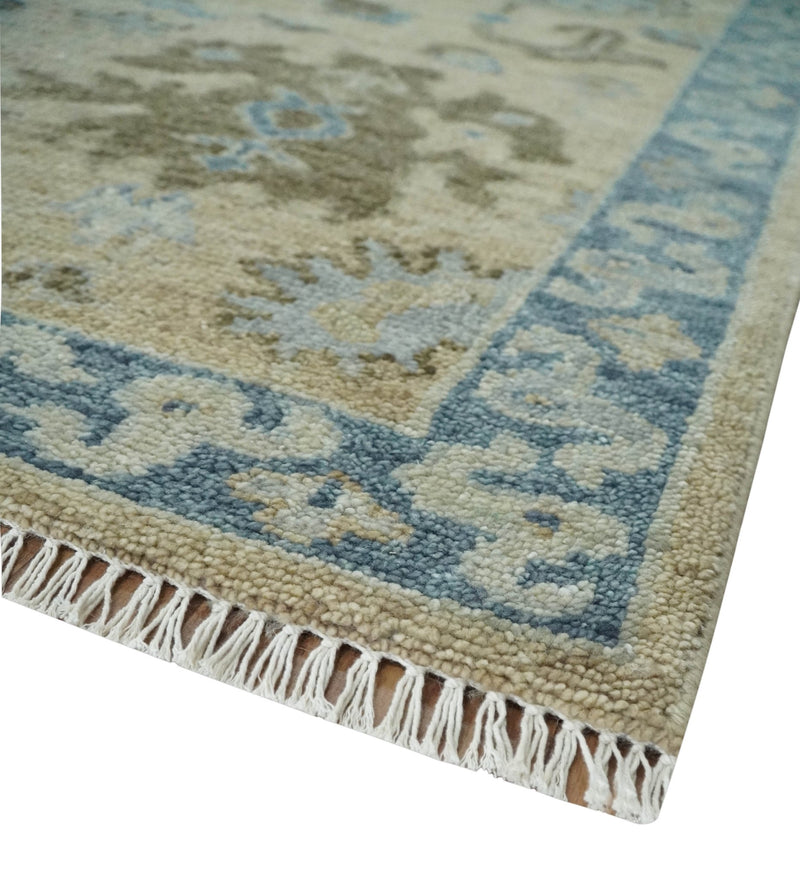 Custom Made Antique Style Beige and Blue Hand knotted Oushak wool Area Rug - The Rug Decor