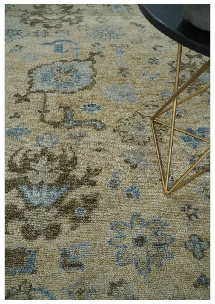 Custom Made Antique Style Beige and Blue Hand knotted Oushak wool Area Rug - The Rug Decor