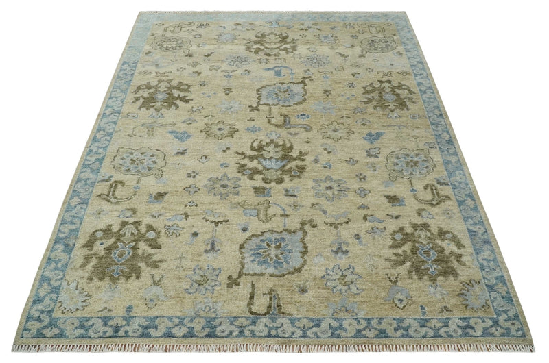 Custom Made Antique Style Beige and Blue Hand knotted Oushak wool Area Rug - The Rug Decor
