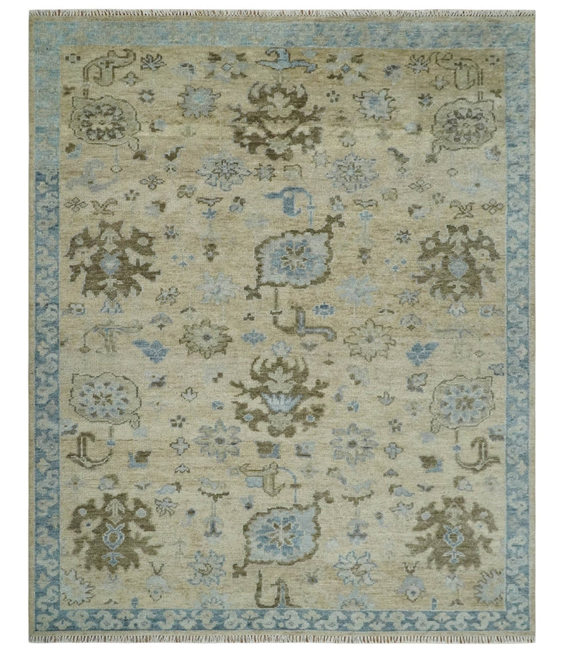 Custom Made Antique Style Beige and Blue Hand knotted Oushak wool Area Rug - The Rug Decor