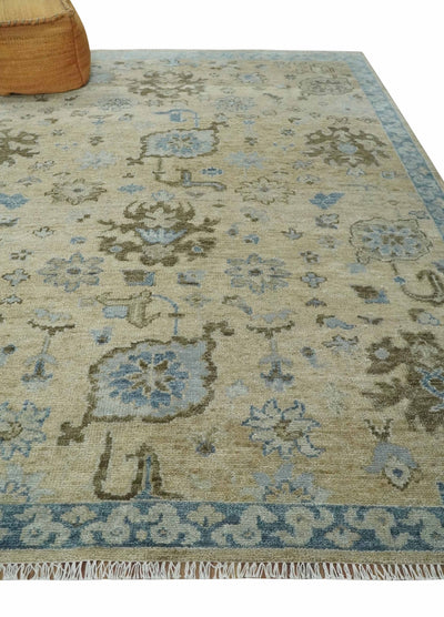 Custom Made Antique Style Beige and Blue Hand knotted Oushak wool Area Rug - The Rug Decor