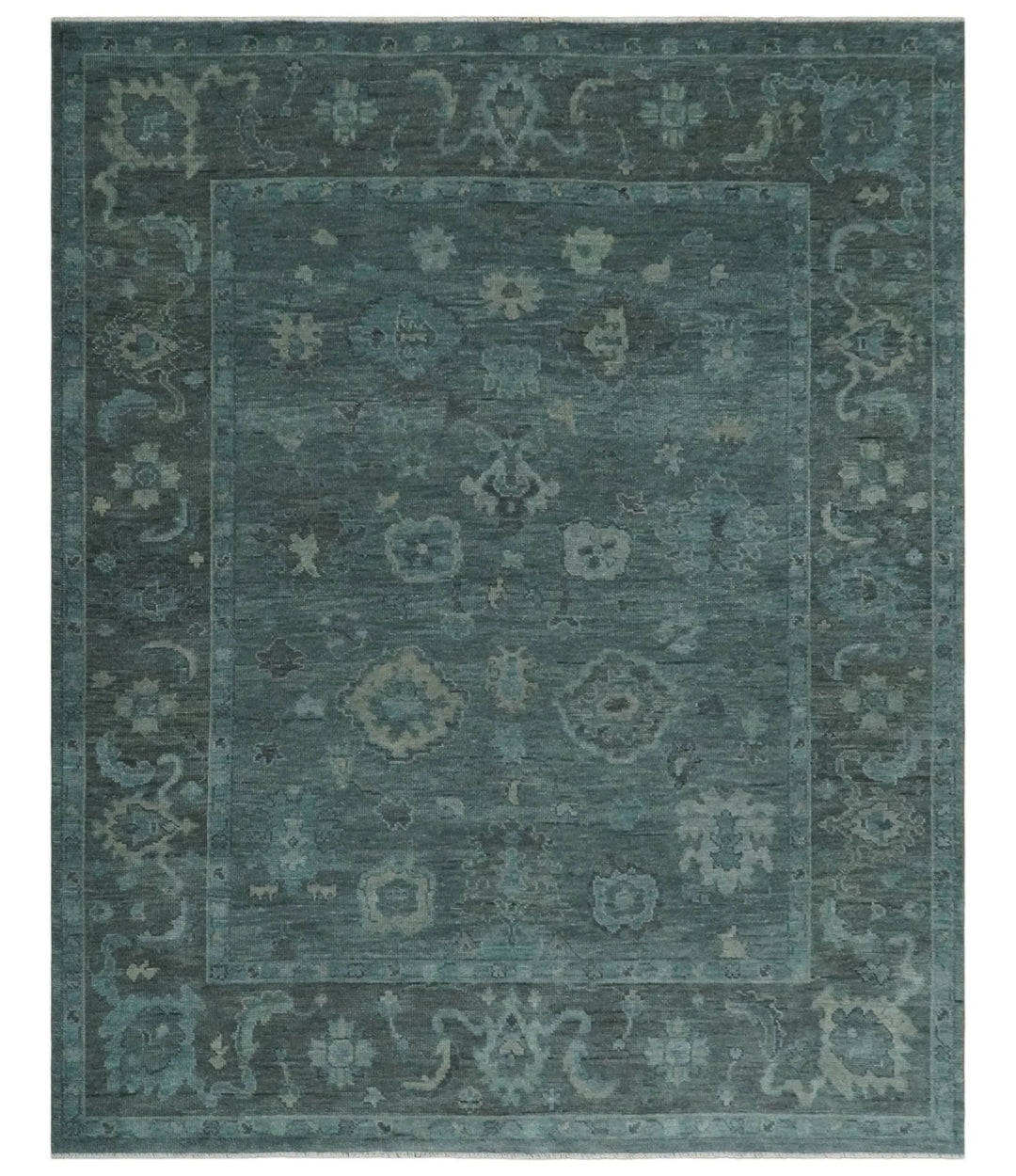 Custom Made Antique Style Blue and Charcoal Hand Knotted Oushak Wool Area Rug - The Rug Decor