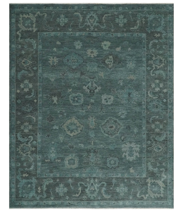 Custom Made Antique Style Blue and Charcoal Hand Knotted Oushak Wool Area Rug - The Rug Decor
