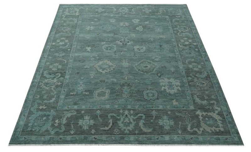 Custom Made Antique Style Blue and Charcoal Hand Knotted Oushak Wool Area Rug - The Rug Decor