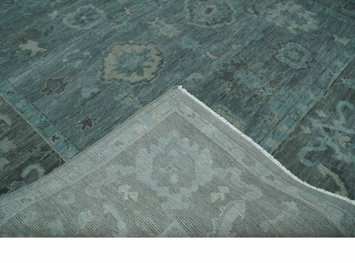 Custom Made Antique Style Blue and Charcoal Hand Knotted Oushak Wool Area Rug - The Rug Decor