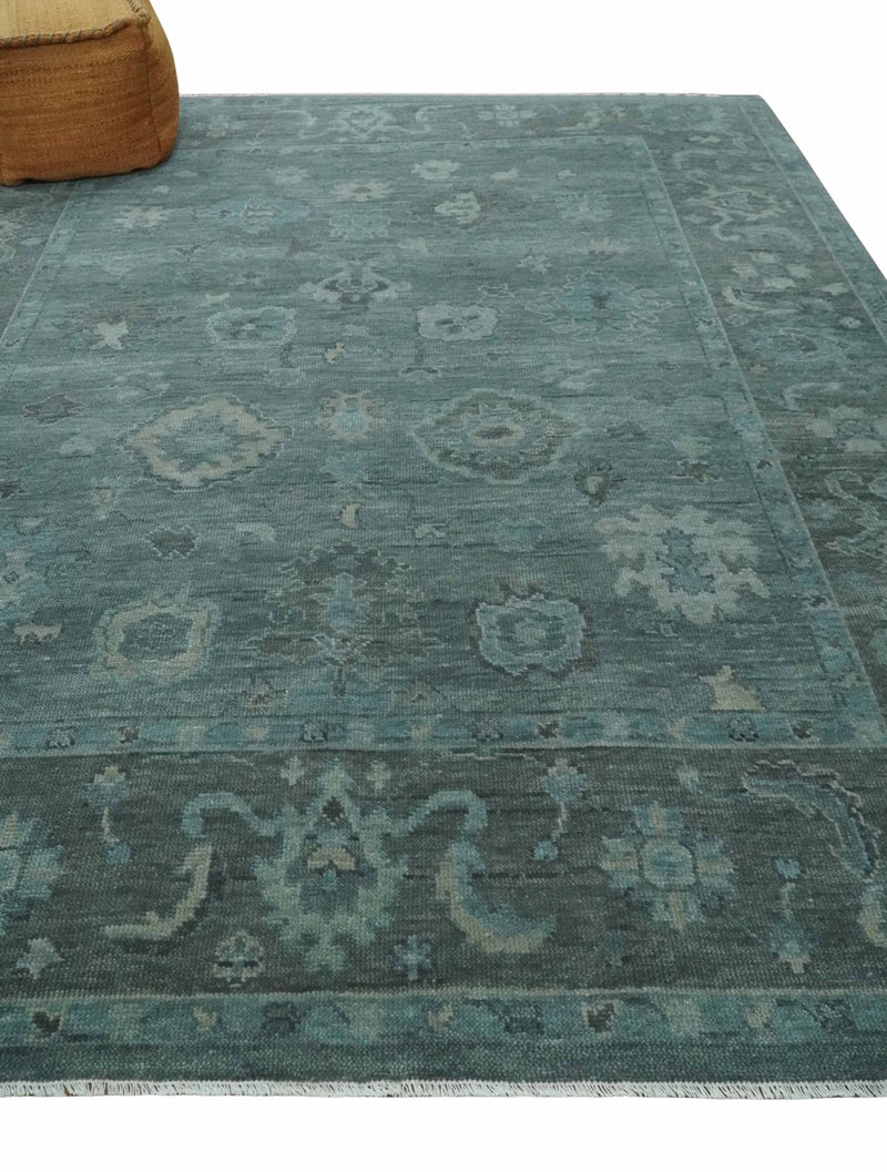 Custom Made Antique Style Blue and Charcoal Hand Knotted Oushak Wool Area Rug - The Rug Decor