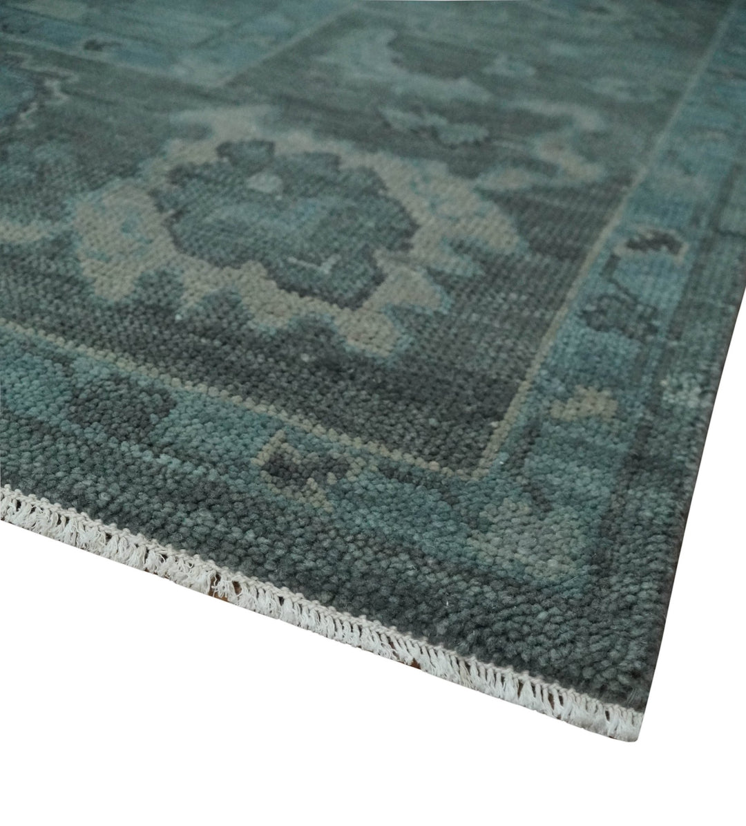 Custom Made Antique Style Blue and Charcoal Hand Knotted Oushak Wool Area Rug - The Rug Decor
