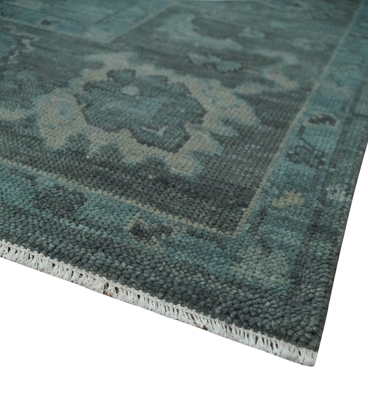 Custom Made Antique Style Blue and Charcoal Hand Knotted Oushak Wool Area Rug - The Rug Decor