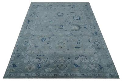 Custom made Antique style Blue and Silver Hand Knotted Oushak Wool Area Rug - The Rug Decor