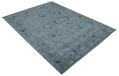 Custom made Antique style Blue and Silver Hand Knotted Oushak Wool Area Rug - The Rug Decor