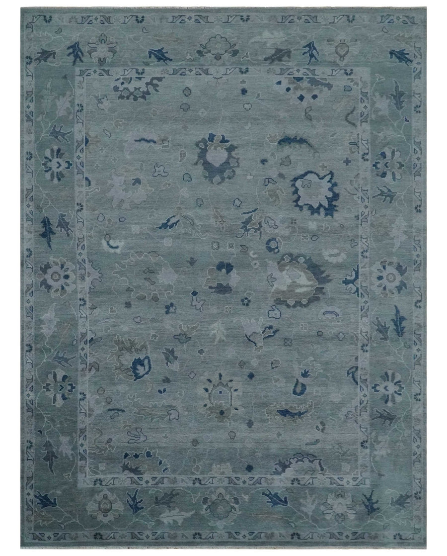 Custom made Antique style Blue and Silver Hand Knotted Oushak Wool Area Rug - The Rug Decor