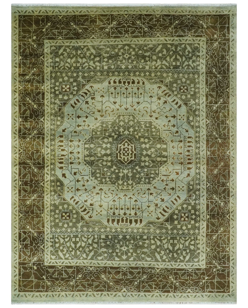 Custom Made Antique Style Hand Knotted Green and Silver Medallion Pattern Wool Area Rug - The Rug Decor