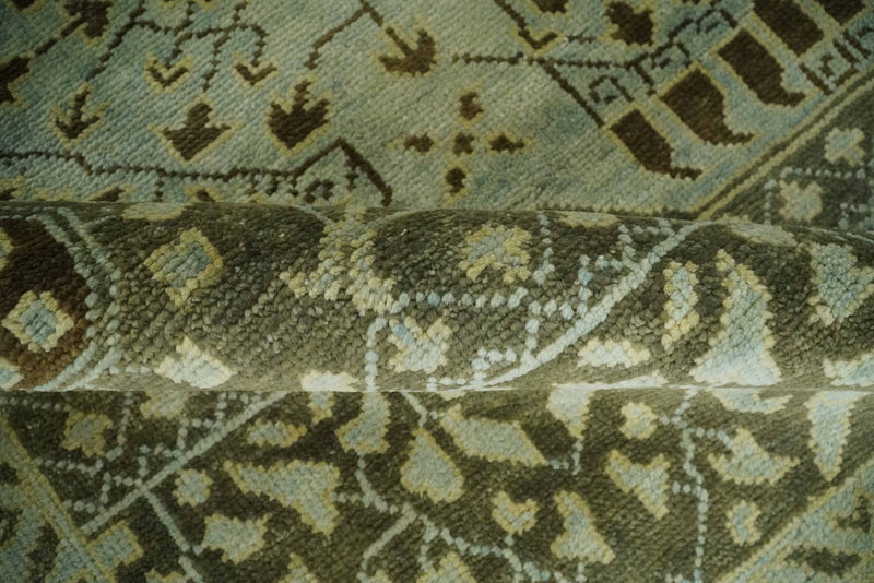 Custom Made Antique Style Hand Knotted Green and Silver Medallion Pattern Wool Area Rug - The Rug Decor