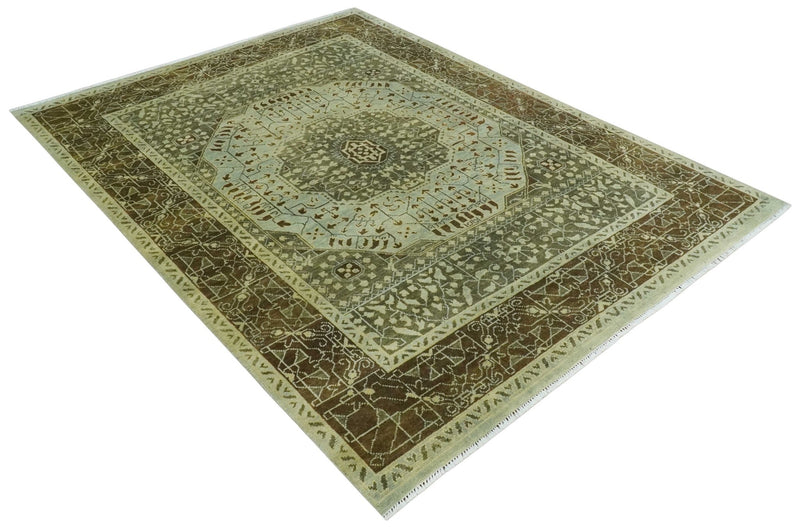 Custom Made Antique Style Hand Knotted Green and Silver Medallion Pattern Wool Area Rug - The Rug Decor