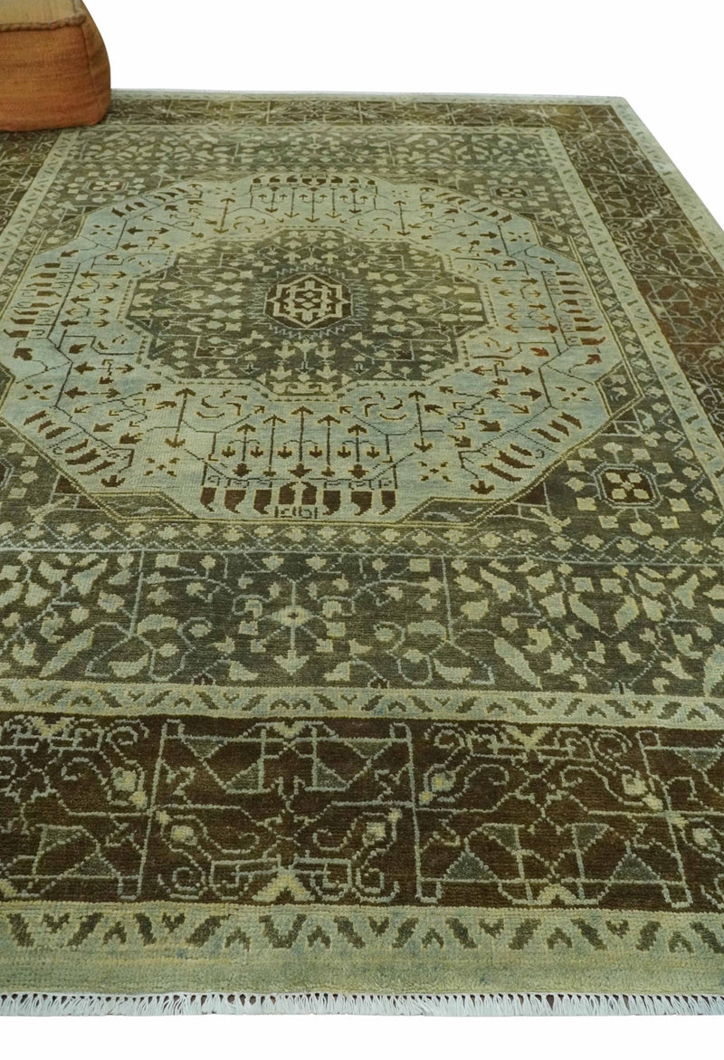 Custom Made Antique Style Hand Knotted Green and Silver Medallion Pattern Wool Area Rug - The Rug Decor