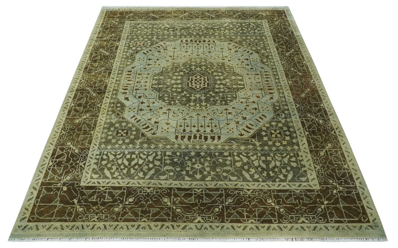 Custom Made Antique Style Hand Knotted Green and Silver Medallion Pattern Wool Area Rug - The Rug Decor
