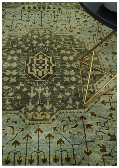 Custom Made Antique Style Hand Knotted Green and Silver Medallion Pattern Wool Area Rug - The Rug Decor
