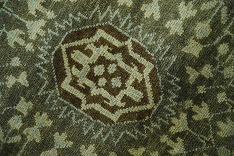 Custom Made Antique Style Hand Knotted Green and Silver Medallion Pattern Wool Area Rug - The Rug Decor