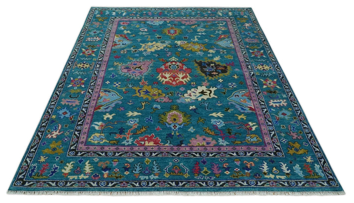 Custom Made Antique Style Hand Knotted Teal and Purple Traditional Oushak Multi Size Wool Rug - The Rug Decor