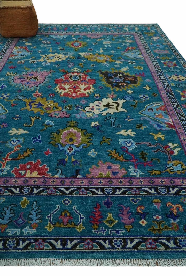 Custom Made Antique Style Hand Knotted Teal and Purple Traditional Oushak Multi Size Wool Rug - The Rug Decor