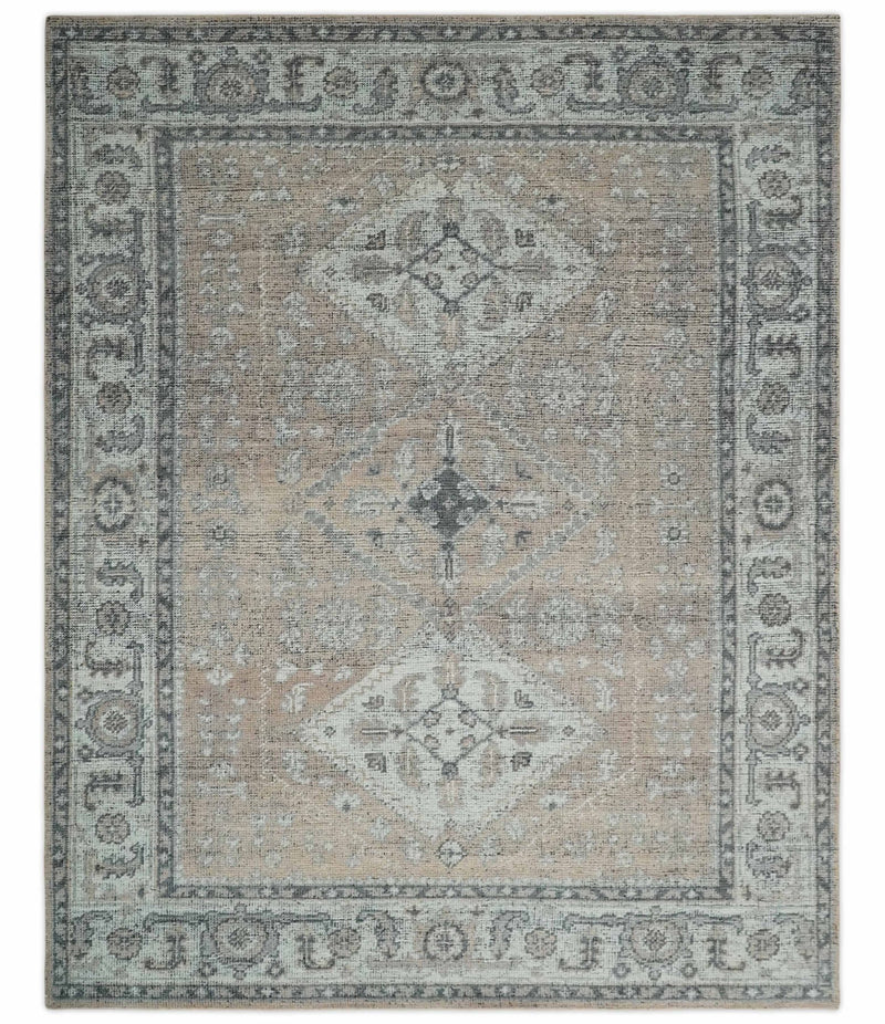 Custom Made Antique Style Peach, Ivory and Charcoal Hand knotted Traditional Wool Rug - The Rug Decor