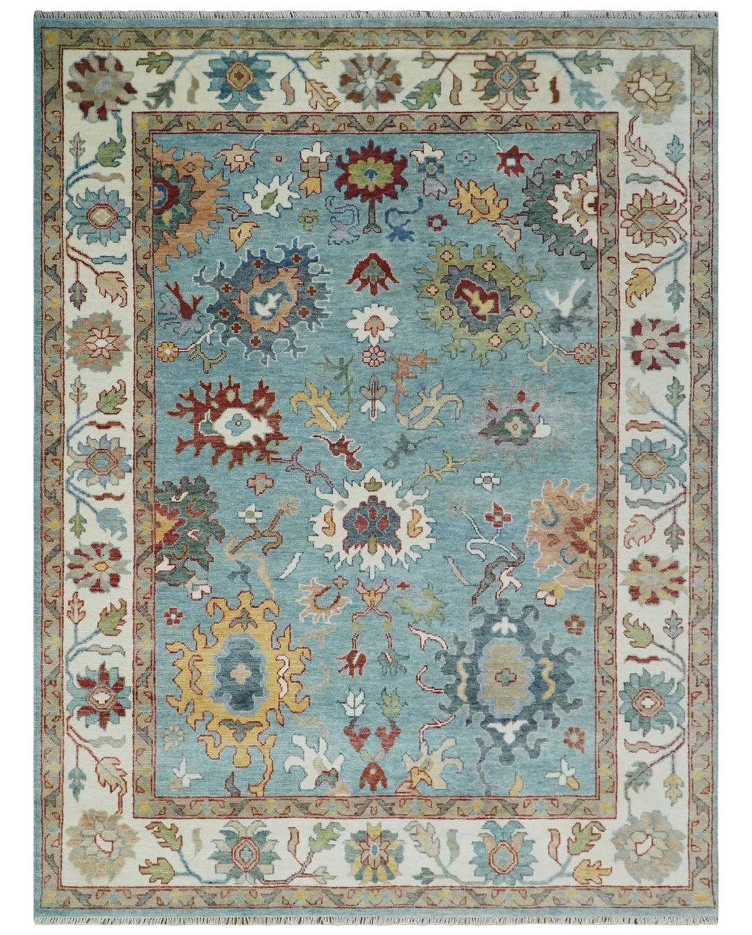 Custom Made Aqua and Ivory hand knotted Vibrant colorful Traditional Oushak Wool Area Rug - The Rug Decor