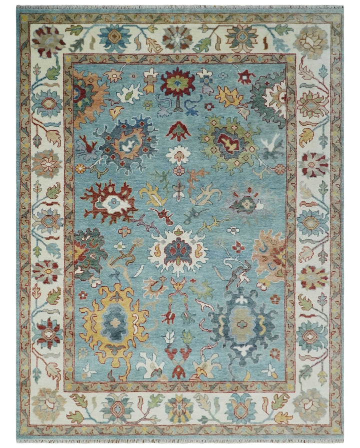 Custom Made Aqua and Ivory hand knotted Vibrant colorful Traditional Oushak Wool Area Rug - The Rug Decor