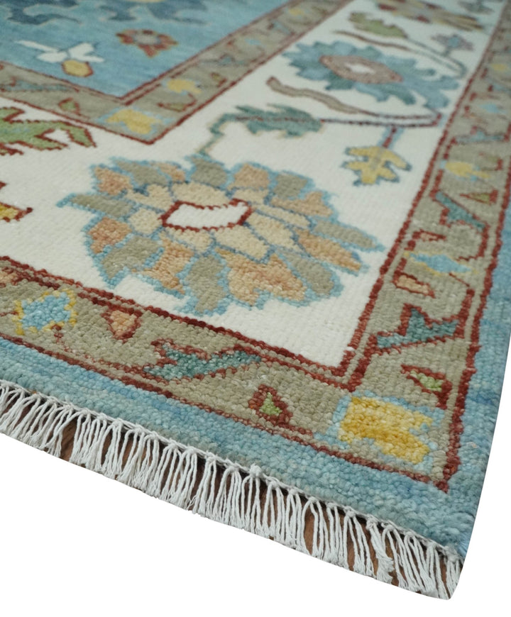 Custom Made Aqua and Ivory hand knotted Vibrant colorful Traditional Oushak Wool Area Rug - The Rug Decor