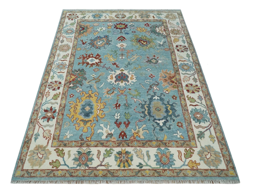 Custom Made Aqua and Ivory hand knotted Vibrant colorful Traditional Oushak Wool Area Rug - The Rug Decor