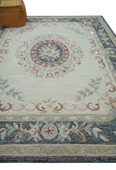 Custom Made Beige and Charcoal Aubusson French design Hand Tufted wool Area Rug - The Rug Decor