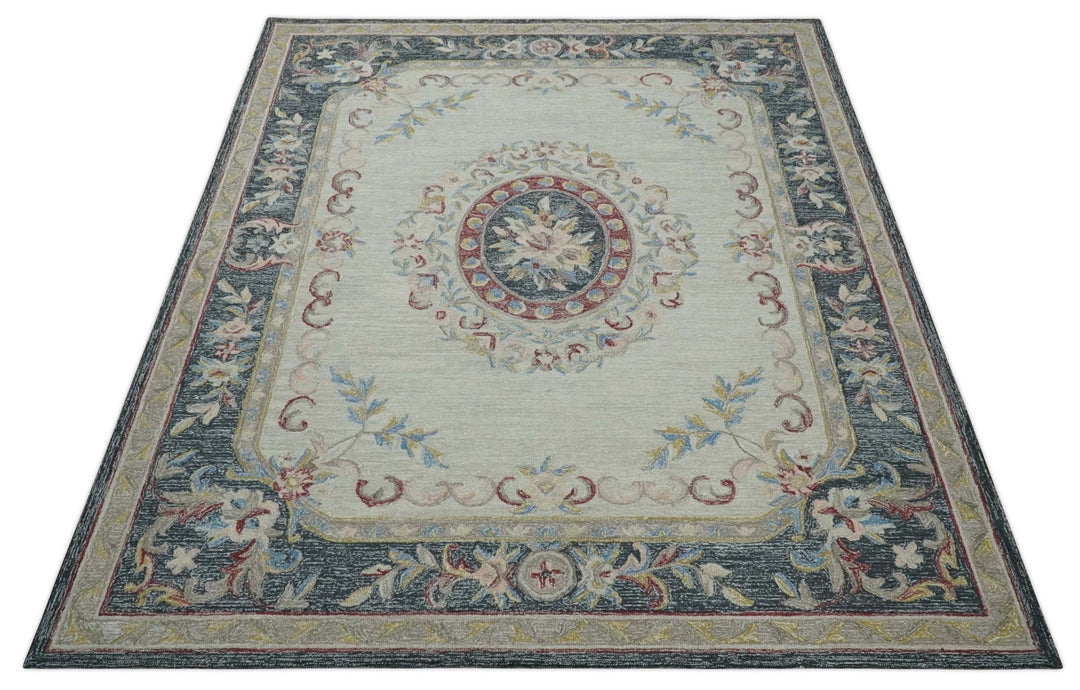 Custom Made Beige and Charcoal Aubusson French design Hand Tufted wool Area Rug - The Rug Decor