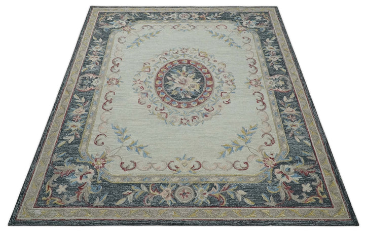 Custom Made Beige and Charcoal Aubusson French design Hand Tufted wool Area Rug - The Rug Decor