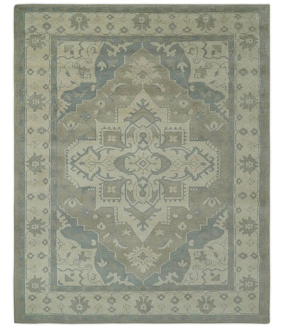 Custom Made Beige and Charcoal Traditional Heriz Medallion Hand Knotted wool Area Rug - The Rug Decor