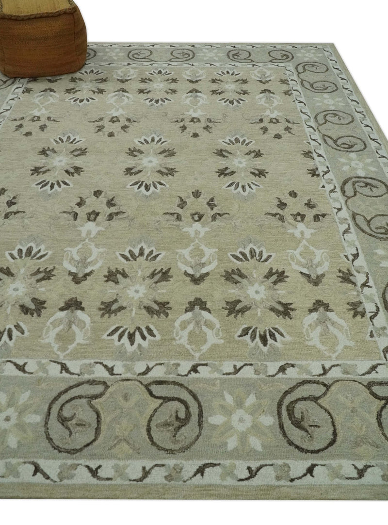 Custom Made Beige, Ivory and Charcoal Traditional Ikat design Hand Tufted wool Area Rug - The Rug Decor