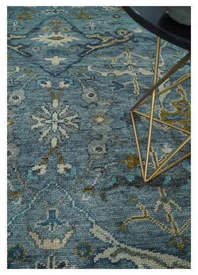 Custom Made Blue and Ivory Antique Style Hand knotted Oriental Oushak wool Area Rug - The Rug Decor