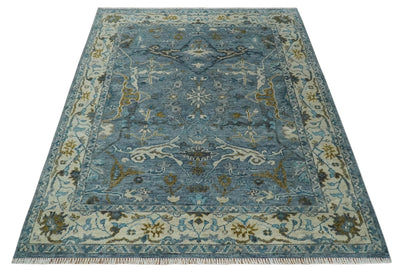Custom Made Blue and Ivory Antique Style Hand knotted Oriental Oushak wool Area Rug - The Rug Decor