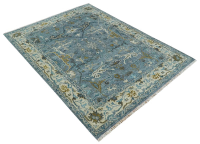 Custom Made Blue and Ivory Antique Style Hand knotted Oriental Oushak wool Area Rug - The Rug Decor