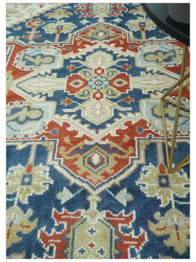 Custom Made Brown, Blue, Ivory and Olive Hand knotted Traditional Heriz Medallion Wool Area Rug - The Rug Decor