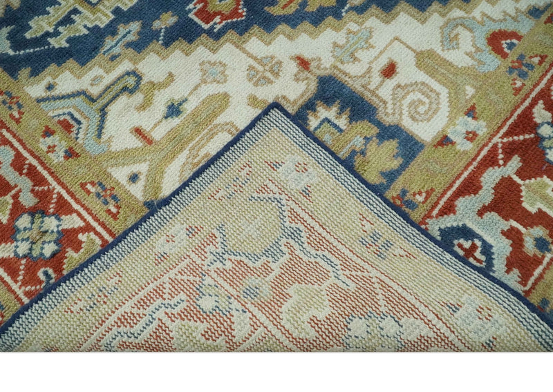 Custom Made Brown, Blue, Ivory and Olive Hand knotted Traditional Heriz Medallion Wool Area Rug - The Rug Decor