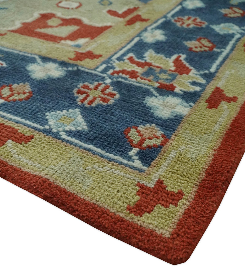 Custom Made Brown, Blue, Ivory and Olive Traditional Heriz Medallion Wool Area Rug - The Rug Decor